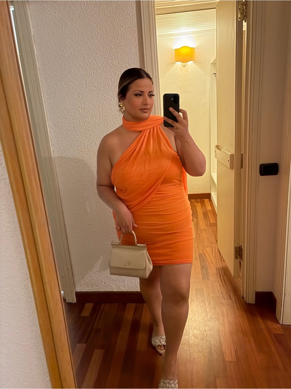 SHEIN Bright Orange One-Shoulder Draped Mini Dress